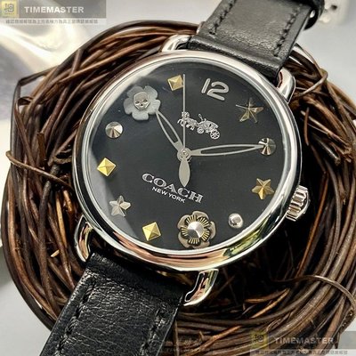 COACH手錶,編號CH00115,36mm銀圓形精鋼錶殼,黑色簡約, 中三針顯示, 繽紛錶面,深黑色真皮皮革錶帶款