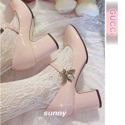 【SUNNY 二手】GUCCI 古馳 21春款小蜜蜂公主 復古 粉色 圓頭 高跟鞋 漆皮 瑪麗珍 單鞋 超好看