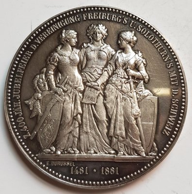 瑞士銀章 1881 Solothurn + Freiburg Silver Medal in German Text.