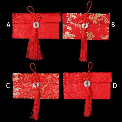 中式春節針織布紅包袋 絲綢單玉紅布袋(橫式)4款