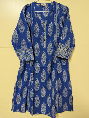 印度精品棉質白花靛藍染蓋印拼接七分袖庫塔洋裝anokhi