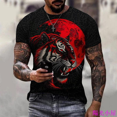 復古野獸虎猛獅動物 3D 打印 T 恤男士短袖上衣超大 T 恤男士設計衣服 動物t恤-陽光小屋