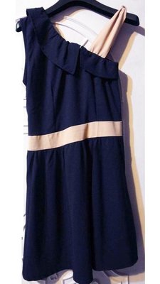 NANA日本古著 露肩 削肩 不對襯 無袖洋裝 短裙 小禮服 深藍撞粉色 (清倉特價)
