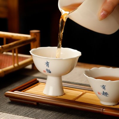 新品 手寫白瓷茶杯仿古品茗杯 高腳主人杯陶瓷泡茶碗 功夫茶具蓋碗單杯~ 促銷