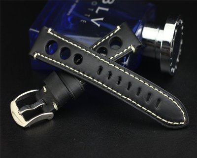 20mm收18mm賽車錶的新衣黑色可替代seiko tissot原廠錶帶之真牛皮錶帶白色縫線
