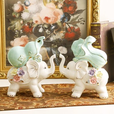 特賣-創意現代簡約吉祥物白菜大象擺件一對招財擺放客廳桌面