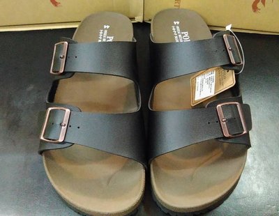 [KIKI鞋舖]男款素色經典黑色輕巧勃肯拖鞋2桿式可調整腳背台灣製40--44