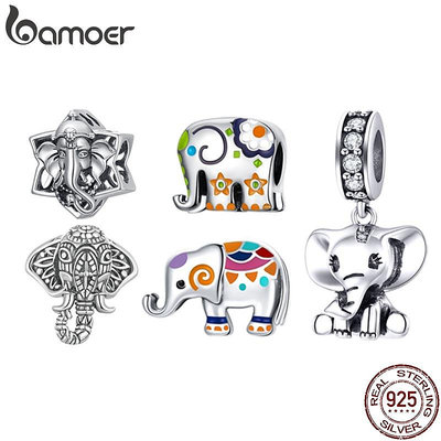 Bamoer 純銀 925 古董大象串珠和彩色吊墜配飾手鍊 SCC2477