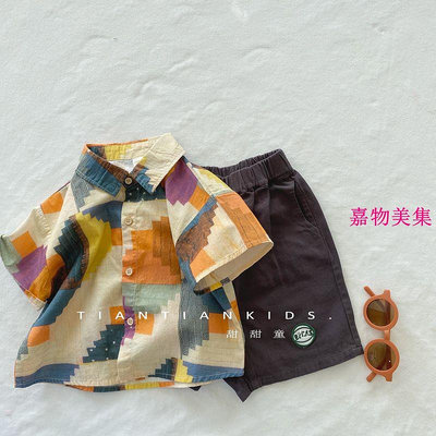 🍉🍉男童夏裝套裝 新款韓版 兒童短袖襯衫 帥氣中小童時髦短褲 兩件套