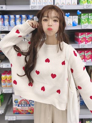 韓版甜美學院風寬鬆愛心網紅圓領套頭長袖毛衣女針織衫 預購