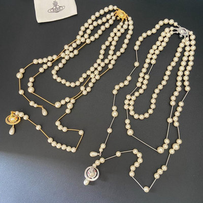 ALIN飾品商店Westwood Vivienne 三層珍珠項鍊立體土星水滴不對稱項鍊法式複古誇張氣質鎖骨項鍊