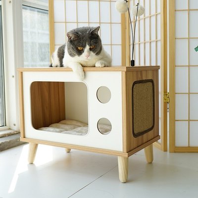 現貨熱銷-實木家具凱瑞貓爬架電視機床頭柜貓抓板封閉式ins風網紅創意貓窩