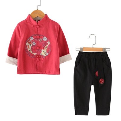 2 件套中國傳統男孩旗袍兒童男孩唐裝衣服長袖中式兒童服裝套裝刺繡漢服套裝男嬰中國新年服裝