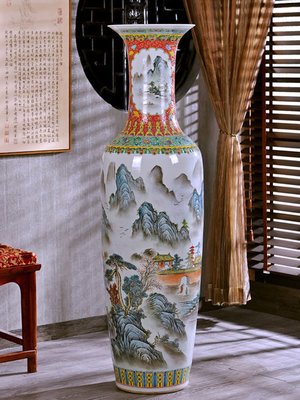 景德鎮新中式粉彩山水落地大花瓶家居客廳公司陶瓷插花裝飾品擺件