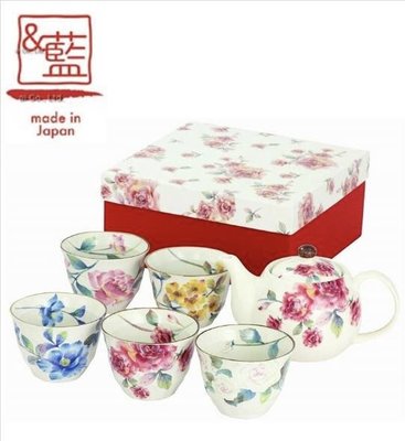 日本製美濃燒和藍薔薇園茶具組 一壺五杯