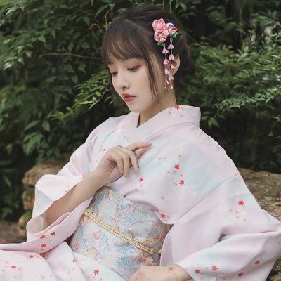 15日式和風浴衣復古改良和服攝影旅拍寫真粉藍小花