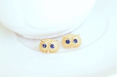 SingY 漾~【A00274】韓系復古金色貓頭鷹寶藍水鑽夾式耳環