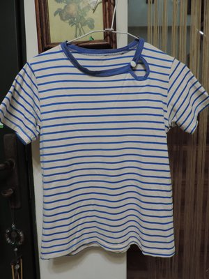 禎安丹雜藝~女童裝上衣 VAR COOL 藍色橫線條短袖T恤 棉T made in korea
