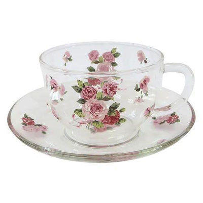 ~~凡爾賽生活精品~~全新日本進口粉紅色玫瑰花維納斯造型耐熱玻璃花茶杯盤組.咖啡杯盤組~日本製