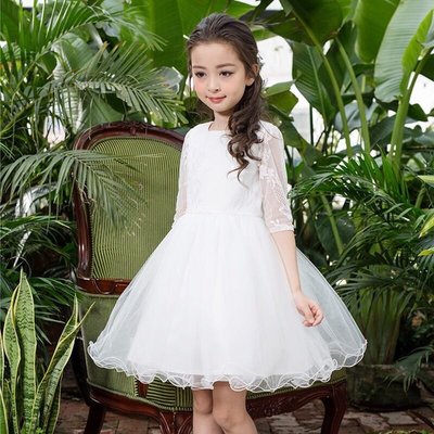 韓版女童七分袖白色禮服 蓬蓬裙 公主裙 畢業季演出服 鋼琴演奏 花童 短袖禮服 洋裝紗裙