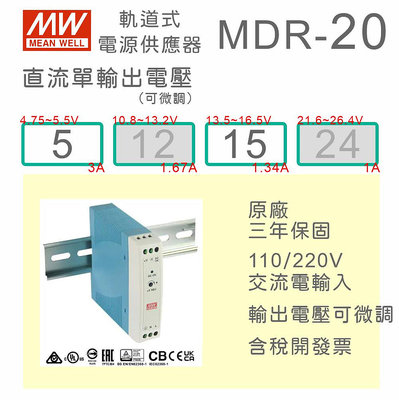 【保固附發票】MW明緯 20W 導軌式電源 MDR-20-5 5V 15 15V 鋁軌 變壓器 驅動器 AC-DC