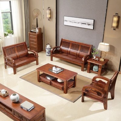 【現貨】全實木沙發 客廳家具現代中式香樟木簡約小戶型木質沙發1+2+3組合