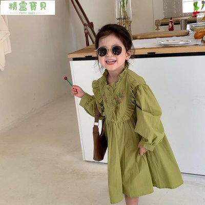 森系復古甜美韓國童裝女童春秋芥末綠刺繡木耳邊長袖洋裝中兒童裙子-精靈寶貝