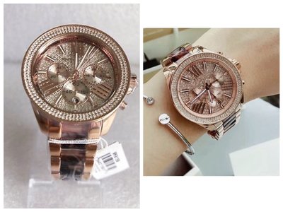 MICHAEL KORS 玫瑰金色不鏽鋼配玳瑁樹脂材質錶帶 水晶鑽錶面盤 羅馬刻度 三眼計時 女士手錶 MK6159