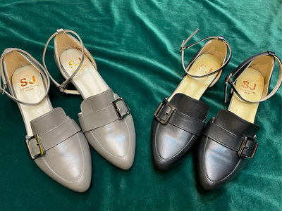 三輝皮鞋台灣製羊皮皮帶扣細帶尖頭粗跟低跟鞋，灰色/黑色，零碼特價現貨MIT