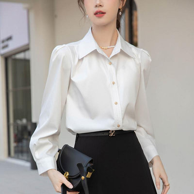 韓版女裝法式氣質白色襯衫女2024年春秋季新款設計感小眾職業通勤長袖上衣T恤女裝襯衫