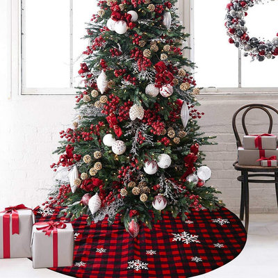 【現貨精選】新品聖誕節慶用品 聖誕格子雪花樹裙 聖誕底座裝飾圍裙樹墊