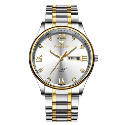 手錶FNGEEN手表間金鋼帶時尚男士手表雙日歷石英表休閑表腕表非機械表