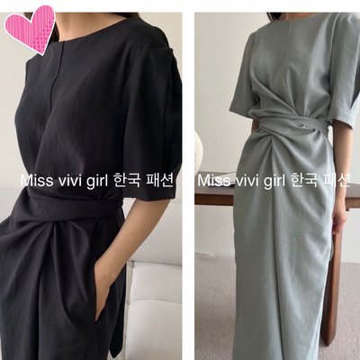 Miss vivi girl ~新款綁腰黑色長洋裝灰色長洋裝/黑、灰/Free/發訊訂購