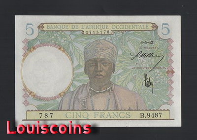 【Louis Coins】B1464-FRENCH WEST AFRICA-1941-42法屬西非紙幣-5 Francs