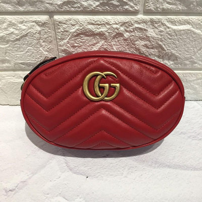 GUCCI 476434 GG Marmont 紅色 牛皮 復古金 GG logo 腰包 現貨