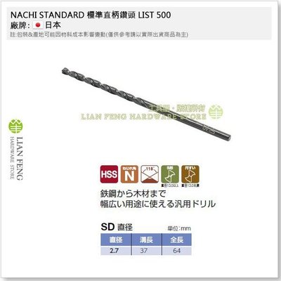 【工具屋】*含稅* NACHI 2.7mm 鐵鑽尾 標準直柄鑽頭 LIST 500 HSS SD 鐵工用 鑽孔 日本