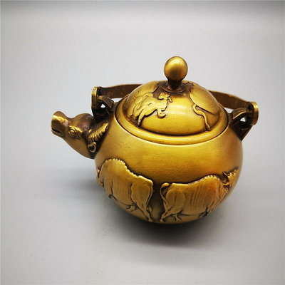 三友社 古玩收藏黃銅茶壺酒壺銅器擺件老銅包漿黃銅生肖牛茶壺擺件裝飾品zyy