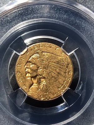 1911年美國印第安人金幣，2.5美元，重4.18克，保粹評QR-8994