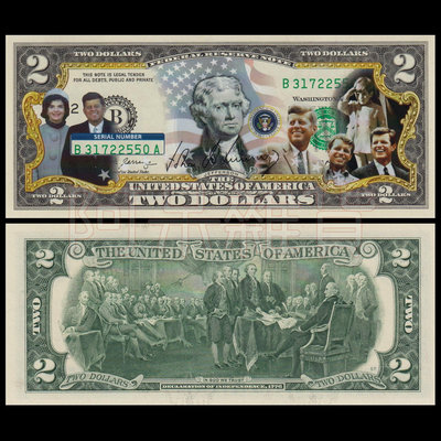 麥擱問阿 彩色版真鈔 甘迺迪家族紀念  2美元 賈桂琳 美國 白宮 美金美元 混合塑料 鈔票 美國 非現行流通