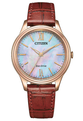 【時光鐘錶公司】CITIZEN 星辰 EM0419-11D 藍寶石玻璃 白蝶貝面板 經典大三針腕錶 光動能 女錶 小牛皮