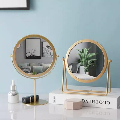 ins風歐式臺式化妝鏡梳妝鏡可旋轉宿舍女桌面鏡銅鏡便攜鏡子