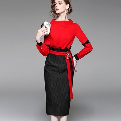 洋裝 #H-078 一字領長袖紅衣+黑色長窄裙