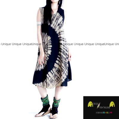 Unic＠泰國進口植物染🌳背心洋裝『TD262黑＋米手工植物綁染❄️超涼感❄️削肩背心中長洋裝』異國風 波希米亞風 洋裝