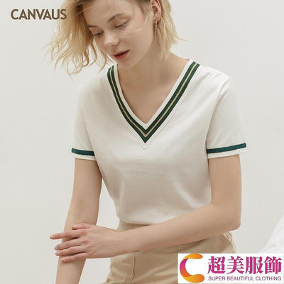 canus夏季新款純棉v領織帶寬鬆氣質短袖t恤女上衣k1069a~超美服飾