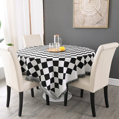 桌巾北歐經典黑白棋盤格圓形圓桌餐桌茶幾餐布桌布