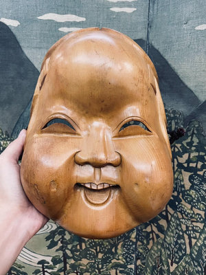 日本回流面具，中古木雕面具，阿多福木雕面具，一木雕一木挖，大