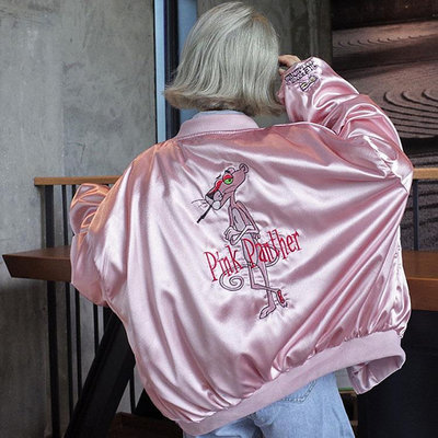 飛行員夾克外套 BF寬鬆緞面粉色刺繡卡通棒球服外套女 春秋短版韓版外套