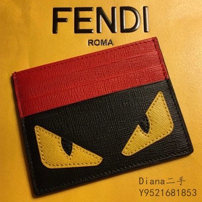 二手FENDI 芬迪 7M0164 新款紅黑皮革 黃眼怪獸 薄型名片夾 信用卡夾 卡片夾