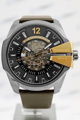 DIESEL Mega Chief  黑色鏤空錶盤 橄欖綠棕色皮革錶帶 自動機械 男款腕錶 DZ4379