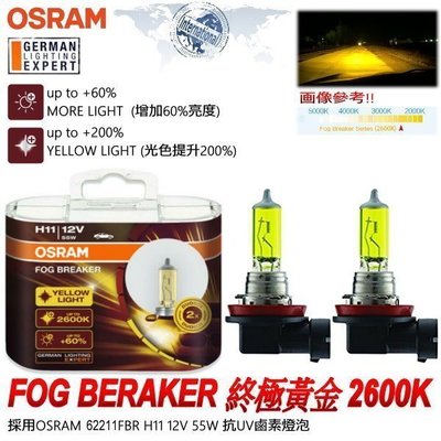 和霆車部品中和館—OSRAM 德國歐司朗 H11 FOG BREAKER 2600K 終極黃金 增亮60%鹵素燈泡